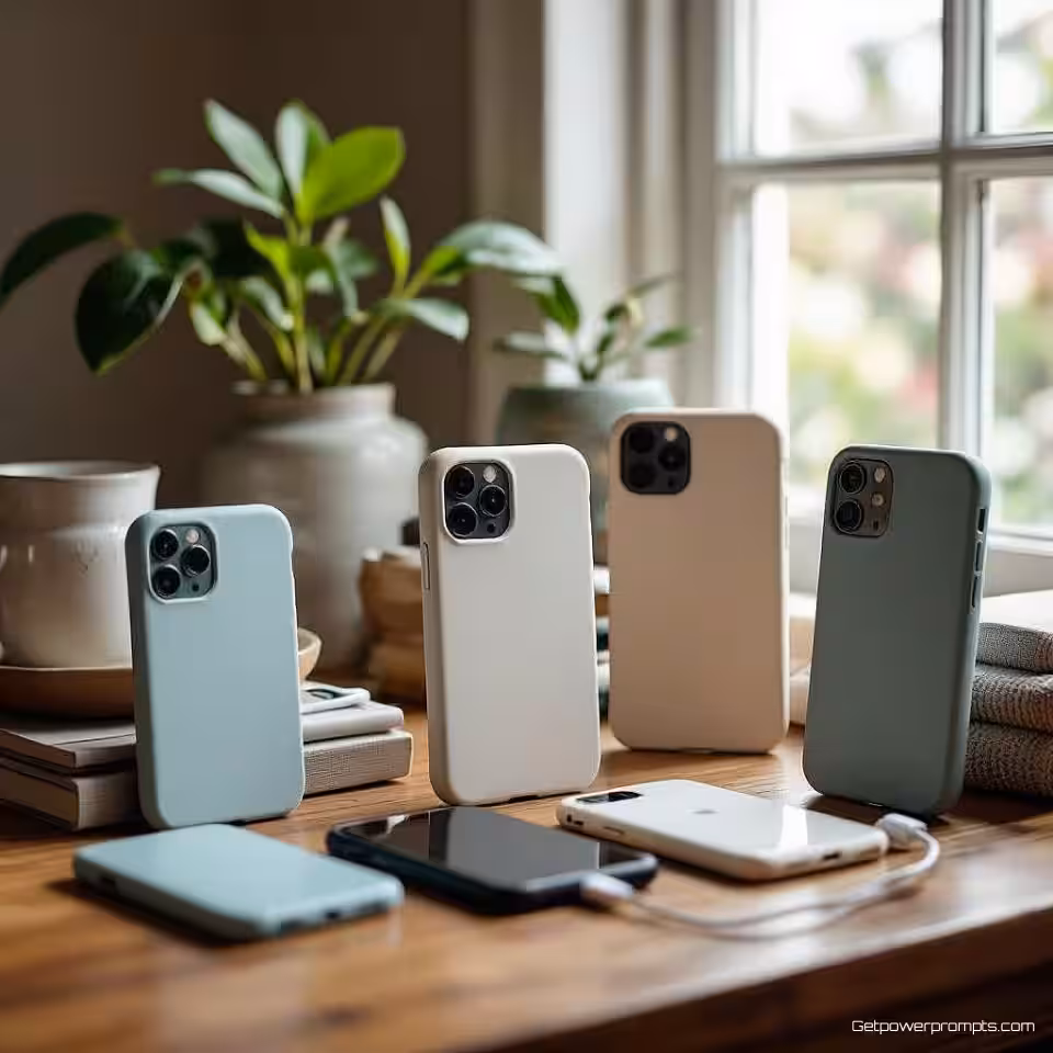 Telefoonhoesjes en opladers, door gebruikers gegenereerde collectiefotografie, casual sfeer, natuurlijke thuissetting achtergrond, natuurlijk daglicht verlichting, meerdere productarrangementen, authentieke klantencollectiestijl, smartphonecamera-esthetiek, natuurlijke compositie, persoonlijke productcuratie, zachte achtergrondfocus, authentieke gebruikerseigendomweergave