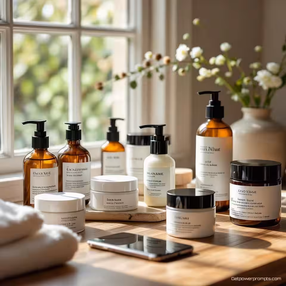 Huidverzorgingsproducten, door gebruikers gegenereerde collectiefotografie, casual sfeer, natuurlijke thuissetting achtergrond, natuurlijk daglicht verlichting, meerdere productarrangementen, authentieke klantencollectiestijl, smartphonecamera-esthetiek, natuurlijke compositie, persoonlijke productcuratie, zachte achtergrondfocus, authentieke gebruikerseigendomweergave