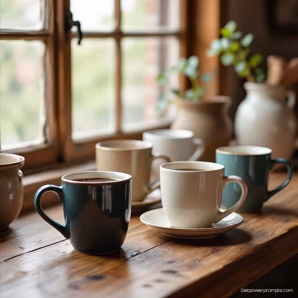 Ambachtelijke koffiemokken, door gebruikers gegenereerde collectiefotografie, casual sfeer, natuurlijke thuissetting achtergrond, natuurlijk daglicht verlichting, meerdere productarrangementen, authentieke klantencollectiestijl, smartphonecamera-esthetiek, natuurlijke compositie, persoonlijke productcuratie, zachte achtergrondfocus, authentieke gebruikerseigendomweergave