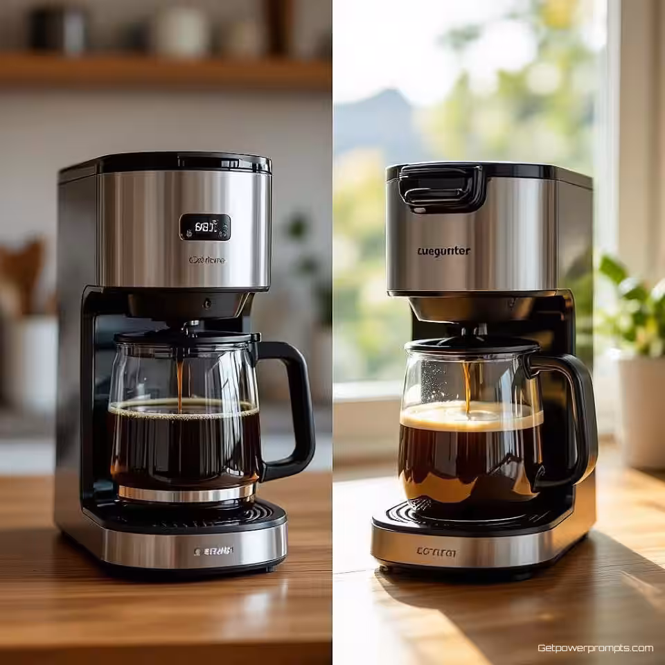 Koffiezetapparaat, door gebruikers gegenereerde vergelijkingsfotografie, authentiek sfeer, thuissituatie achtergrond, natuurlijk licht verlichting, producten naast elkaar weergegeven, authentieke klantrecensie stijl, smartphone camera esthetiek, natuurlijke compositie, voor-en-na context, oprecht gebruikersperspectief