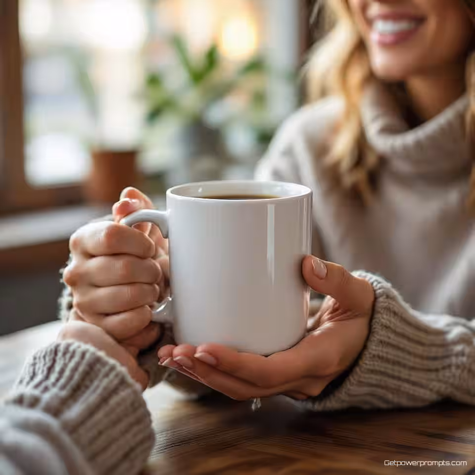 Koffiemok, door gebruikers gegenereerde presentatiefotografie, opgewonden sfeer, thuismilieu achtergrond, natuurlijk daglicht verlichting, close-up perspectief, authentieke klantpresentatiestijl, smartphone camera-esthetiek, productdemonstratie, natuurlijke handinteractie, zachte achtergrondfocus, oprechte gebruikerspresentatie