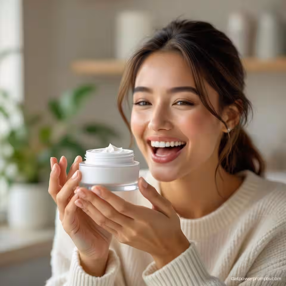 Gezichtscrème, door gebruikers gegenereerde presentatiefotografie, opgewonden sfeer, thuismilieu achtergrond, natuurlijk daglicht verlichting, close-up perspectief, authentieke klantpresentatiestijl, smartphone camera-esthetiek, productdemonstratie, natuurlijke handinteractie, zachte achtergrondfocus, oprechte gebruikerspresentatie