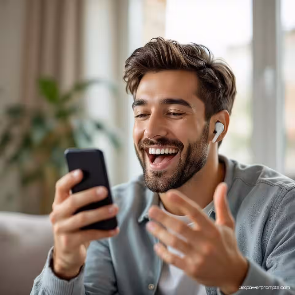 Draadloze oortelefoons, door gebruikers gegenereerde presentatiefotografie, opgewonden sfeer, thuismilieu achtergrond, natuurlijk daglicht verlichting, close-up perspectief, authentieke klantpresentatiestijl, smartphone camera-esthetiek, productdemonstratie, natuurlijke handinteractie, zachte achtergrondfocus, oprechte gebruikerspresentatie