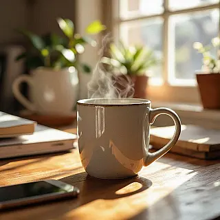 Ambachtelijke keramische koffiemok, door gebruikers gegenereerde storytelling fotografie, gezellige ochtendsfeer sfeer, thuiskantoor setting achtergrond, zacht ochtendlicht verlichting, close-up perspectief perspectief, authentieke narratieve stijl, smartphone camera esthetiek, product in persoonlijke context, natuurlijke storytelling elementen, zachte achtergrond focus, oprecht gebruikersverhaal moment