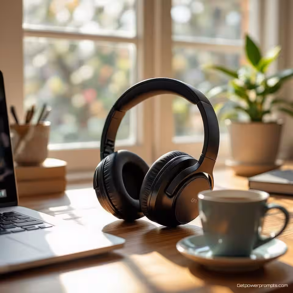 Draadloze ruisonderdrukkende hoofdtelefoon, door gebruikers gegenereerde storytelling fotografie, gezellige ochtendsfeer sfeer, thuiskantoor setting achtergrond, zacht ochtendlicht verlichting, close-up perspectief perspectief, authentieke narratieve stijl, smartphone camera esthetiek, product in persoonlijke context, natuurlijke storytelling elementen, zachte achtergrond focus, oprecht gebruikersverhaal moment