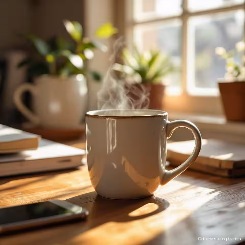 Ambachtelijke keramische koffiemok, door gebruikers gegenereerde storytelling fotografie, gezellige ochtendsfeer sfeer, thuiskantoor setting achtergrond, zacht ochtendlicht verlichting, close-up perspectief perspectief, authentieke narratieve stijl, smartphone camera esthetiek, product in persoonlijke context, natuurlijke storytelling elementen, zachte achtergrond focus, oprecht gebruikersverhaal moment