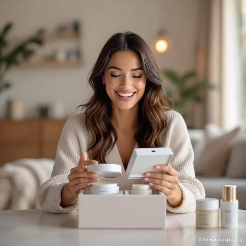 Luxe huidverzorgingsset, door gebruiker gegenereerde unboxing video miniatuur, opgewonden sfeer, thuisomgeving achtergrond, natuurlijk daglicht verlichting, smartphone camera esthetiek, midden in unboxing moment, handen die verpakking openen, authentieke opwinding uitdrukking, zachte achtergrond focus, natuurlijke compositie, video miniatuur formaat