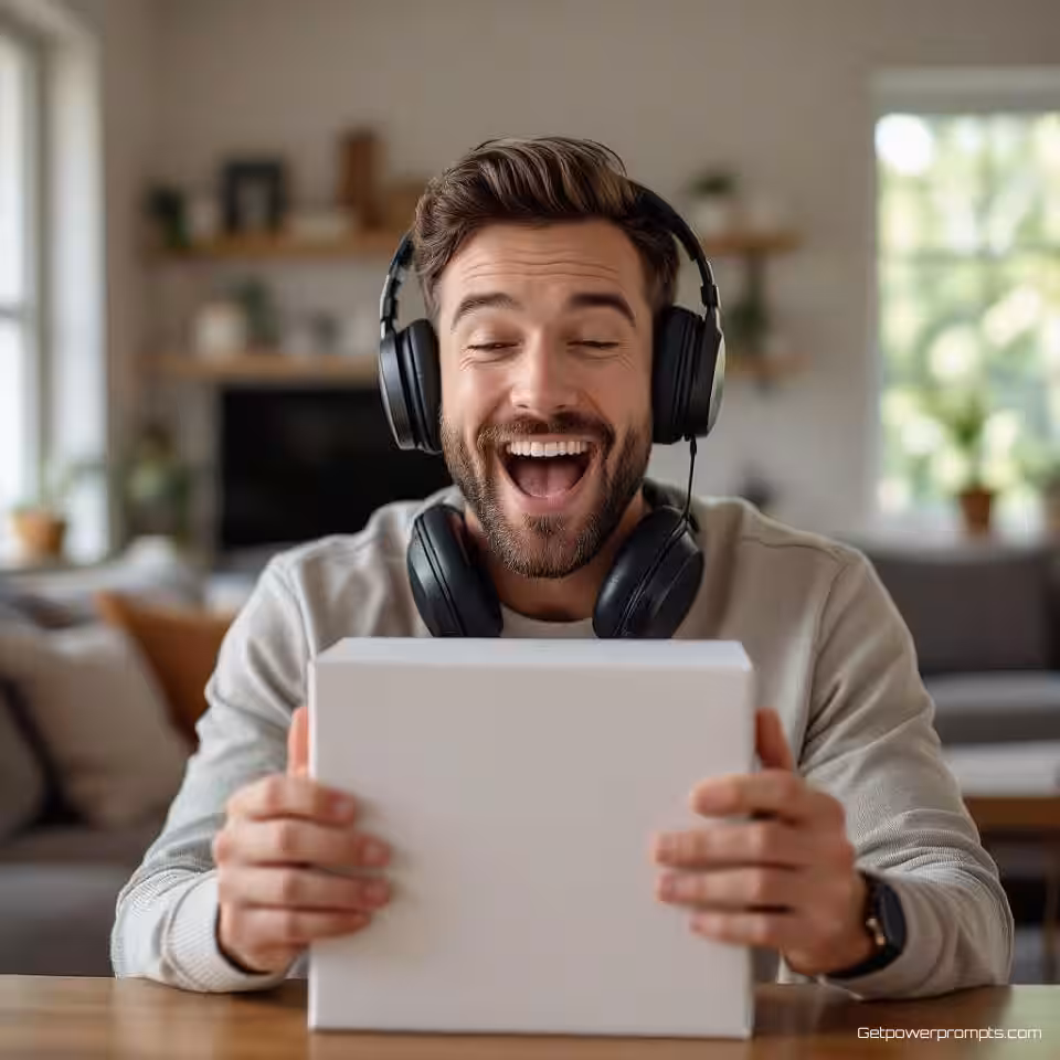 Draadloze ruisonderdrukkende hoofdtelefoon, door gebruiker gegenereerde unboxing video miniatuur, opgewonden sfeer, thuisomgeving achtergrond, natuurlijk daglicht verlichting, smartphone camera esthetiek, midden in unboxing moment, handen die verpakking openen, authentieke opwinding uitdrukking, zachte achtergrond focus, natuurlijke compositie, video miniatuur formaat