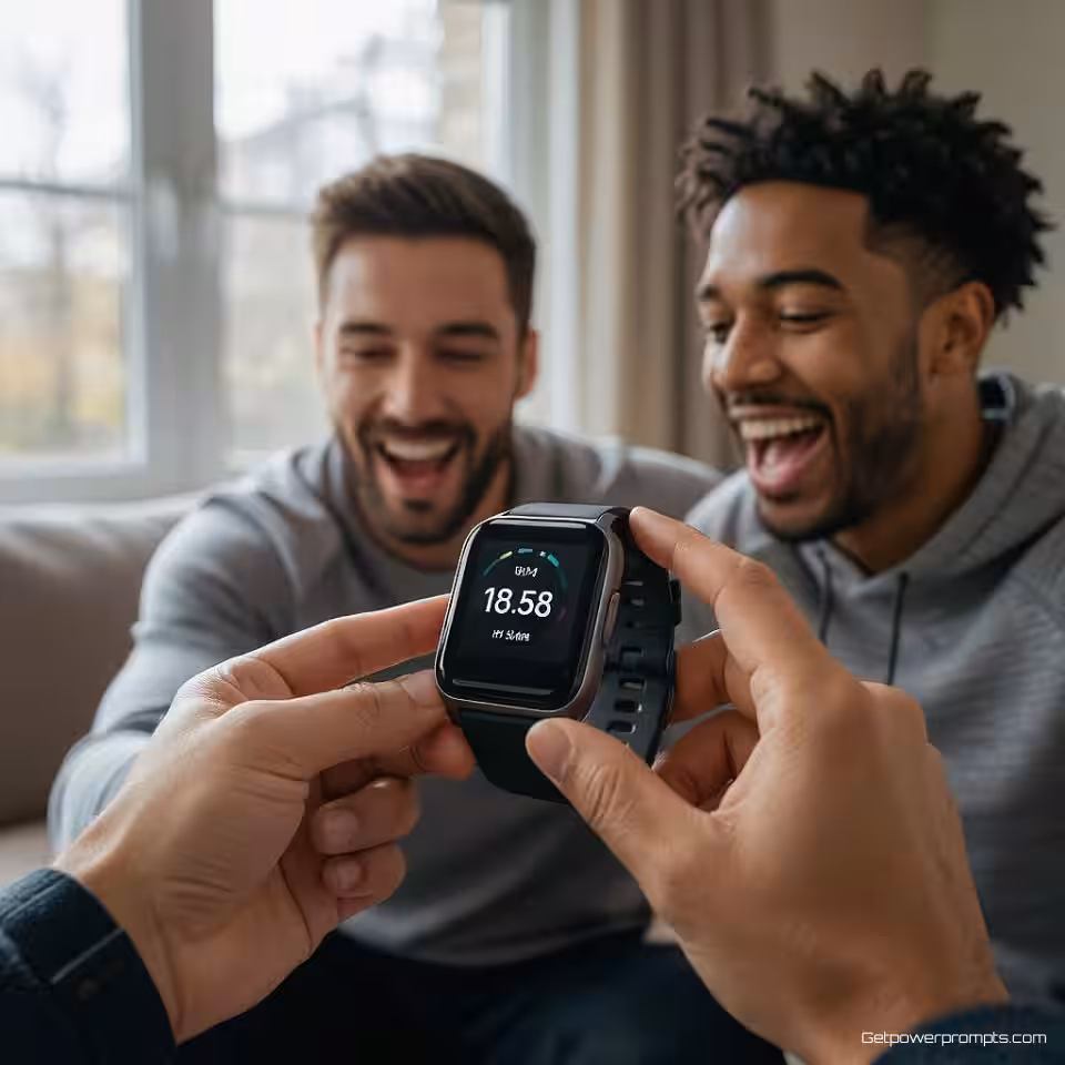 Fitness tracker, door gebruikers gemaakte ontdekkingsfotografie, opgewonden sfeer, woonkamer achtergrond achtergrond, natuurlijk daglicht verlichting, close-up perspectief perspectief, authentiek eerste ontmoetingsmoment, smartphone camera-esthetiek, natuurlijke handinteractie, oprechte gebruikersreactie, zachte achtergrondfocus, spontane ontdekkingsstijl