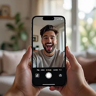 IPhone 15, door gebruiker gemaakte videominiatuur, opgewonden sfeer, thuisomgeving achtergrond, natuurlijk binnen verlichting, smartphone camera esthetiek, authentiek klantreview moment, handen die product vasthouden, oprechte gebruikersuitdrukking, zachte achtergrond focus, natuurlijke compositie, videominiatuur formaat