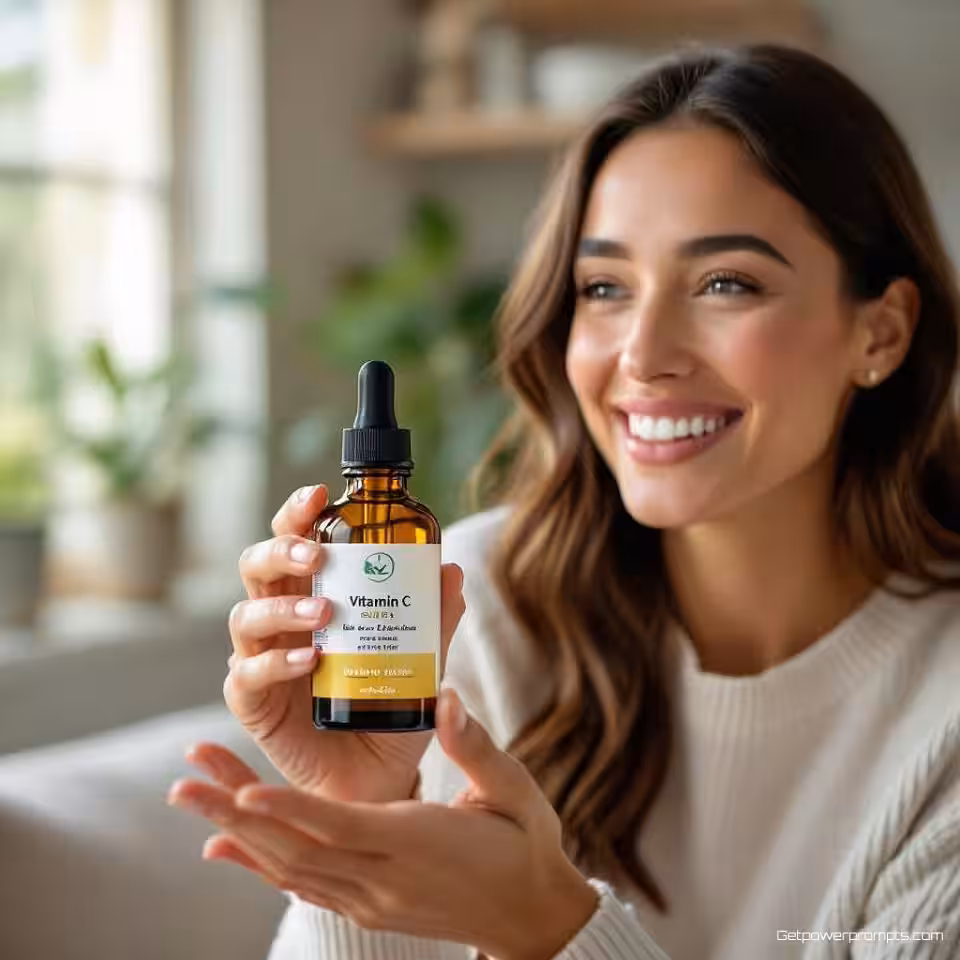 Vitamine C Serum, door gebruiker gemaakte videominiatuur, opgewonden sfeer, thuisomgeving achtergrond, natuurlijk binnen verlichting, smartphone camera esthetiek, authentiek klantreview moment, handen die product vasthouden, oprechte gebruikersuitdrukking, zachte achtergrond focus, natuurlijke compositie, videominiatuur formaat