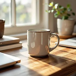 Ambachtelijke koffiemok, contextuele productfotografie, thuis kantoorbureau setting, natuurlijk daglicht verlichting, close-up shot perspectief, gezellige sfeer atmosfeer, omgevingsintegratie, authentieke productplaatsing, professionele e-commerce presentatie, scherpe focus, lifestyle context