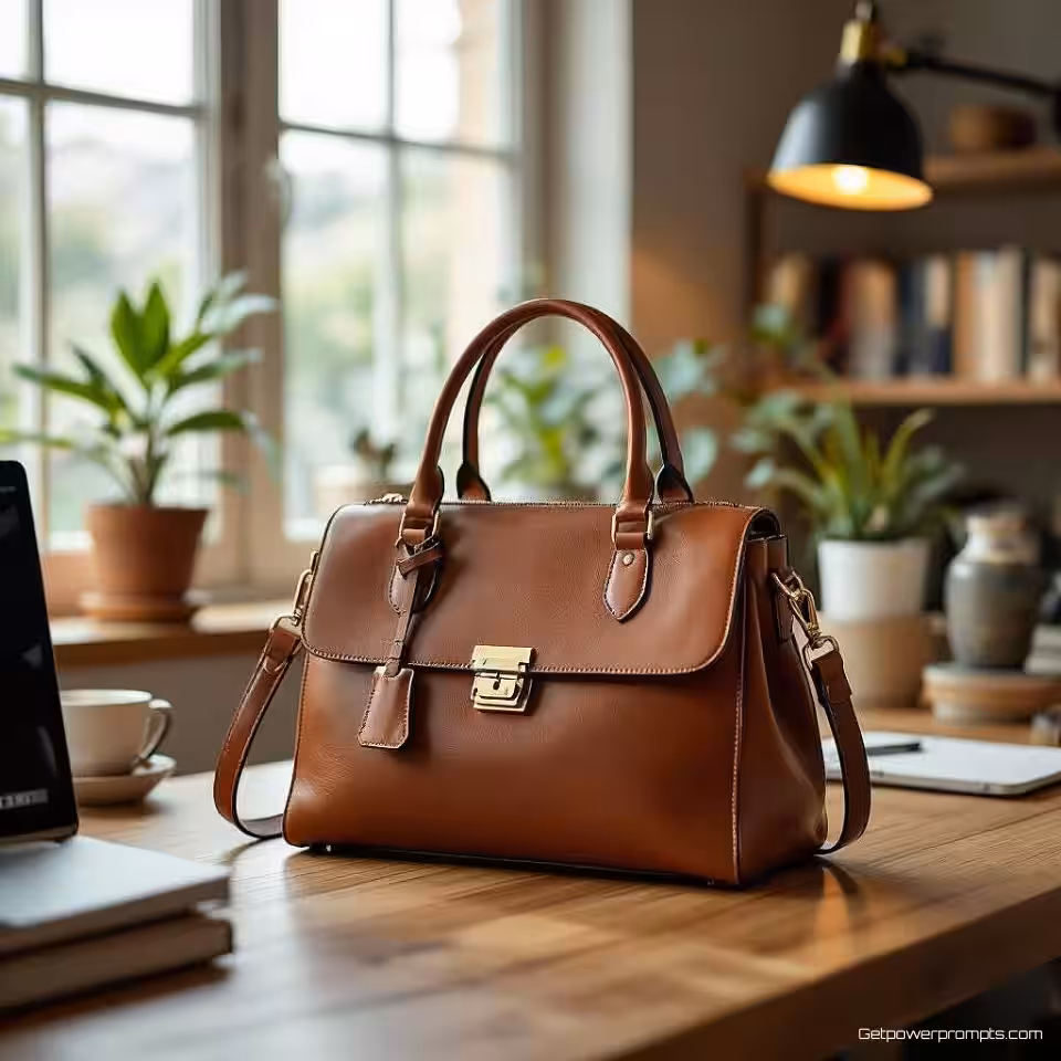 Leren handtas, contextuele productfotografie, thuis kantoorbureau setting, natuurlijk daglicht verlichting, close-up shot perspectief, gezellige sfeer atmosfeer, omgevingsintegratie, authentieke productplaatsing, professionele e-commerce presentatie, scherpe focus, lifestyle context