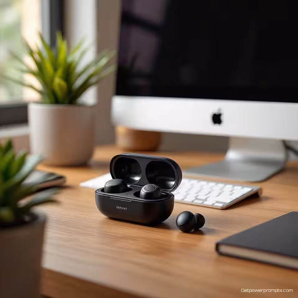 Draadloze oortelefoons, contextuele productfotografie, thuis kantoorbureau setting, natuurlijk daglicht verlichting, close-up shot perspectief, gezellige sfeer atmosfeer, omgevingsintegratie, authentieke productplaatsing, professionele e-commerce presentatie, scherpe focus, lifestyle context