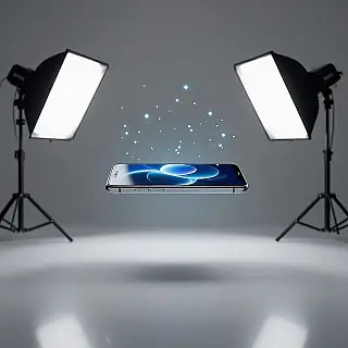 Premium smartphone, zweeffotografie, schone witte achtergrond achtergrond, professionele studioverlichting verlichting, lage camerahoek perspectief, zwevend producteffect, professionele e-commerce presentatie, scherpe focus, gewichtloos uiterlijk, commerciële esthetiek, dynamische productpositionering, zwaartekracht-trotse showcase