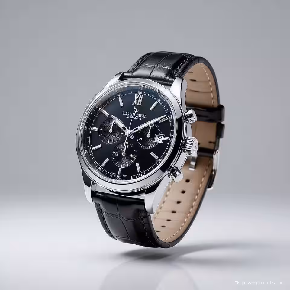 Luxe polshorloge, zweeffotografie, schone witte achtergrond achtergrond, professionele studioverlichting verlichting, lage camerahoek perspectief, zwevend producteffect, professionele e-commerce presentatie, scherpe focus, gewichtloos uiterlijk, commerciële esthetiek, dynamische productpositionering, zwaartekracht-trotse showcase