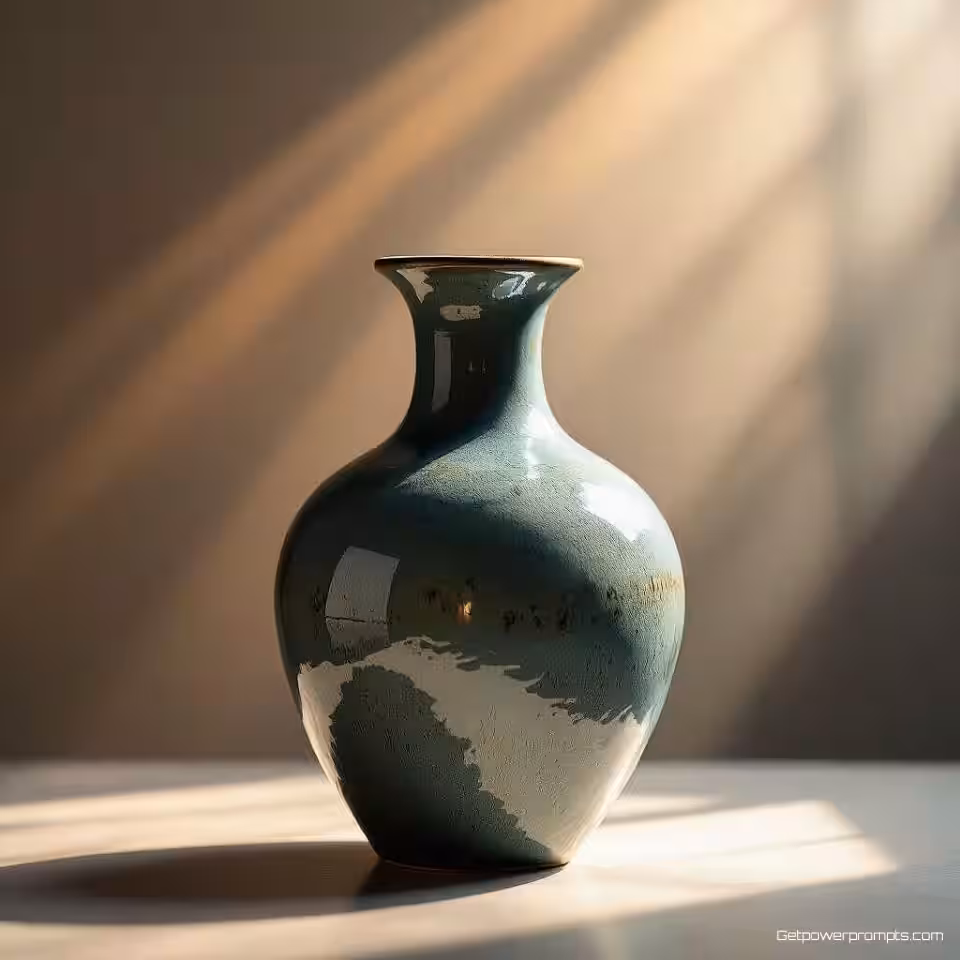 Keramische vaas, fotorealistisch, studio achtergrond, dramatisch verlichting, close-up perspectief, warme tonen, dynamische productpresentatie, professionele e-commerce presentatie, scherpe focus, verbeterde productzichtbaarheid, commerciële esthetiek