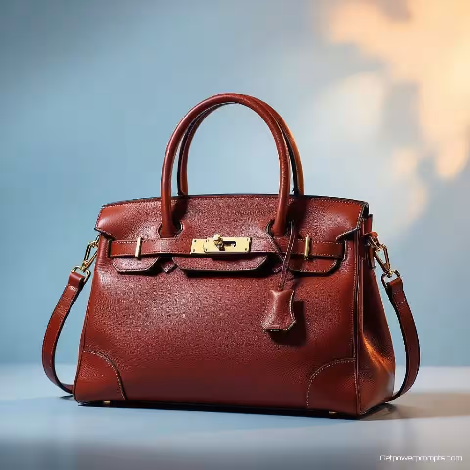 Leren handtas, fotorealistisch, studio achtergrond, dramatisch verlichting, close-up perspectief, warme tonen, dynamische productpresentatie, professionele e-commerce presentatie, scherpe focus, verbeterde productzichtbaarheid, commerciële esthetiek