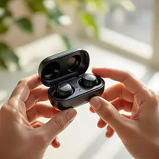 Draadloze oortelefoons, uitpakfotografie, lifestyle achtergrond, natuurlijk verlichting, close-up perspectief, handen die met product interageren, authentieke consumentenervaring, onscherpe diepte, natuurlijk lifestyle moment, commerciële e-commerce presentatie