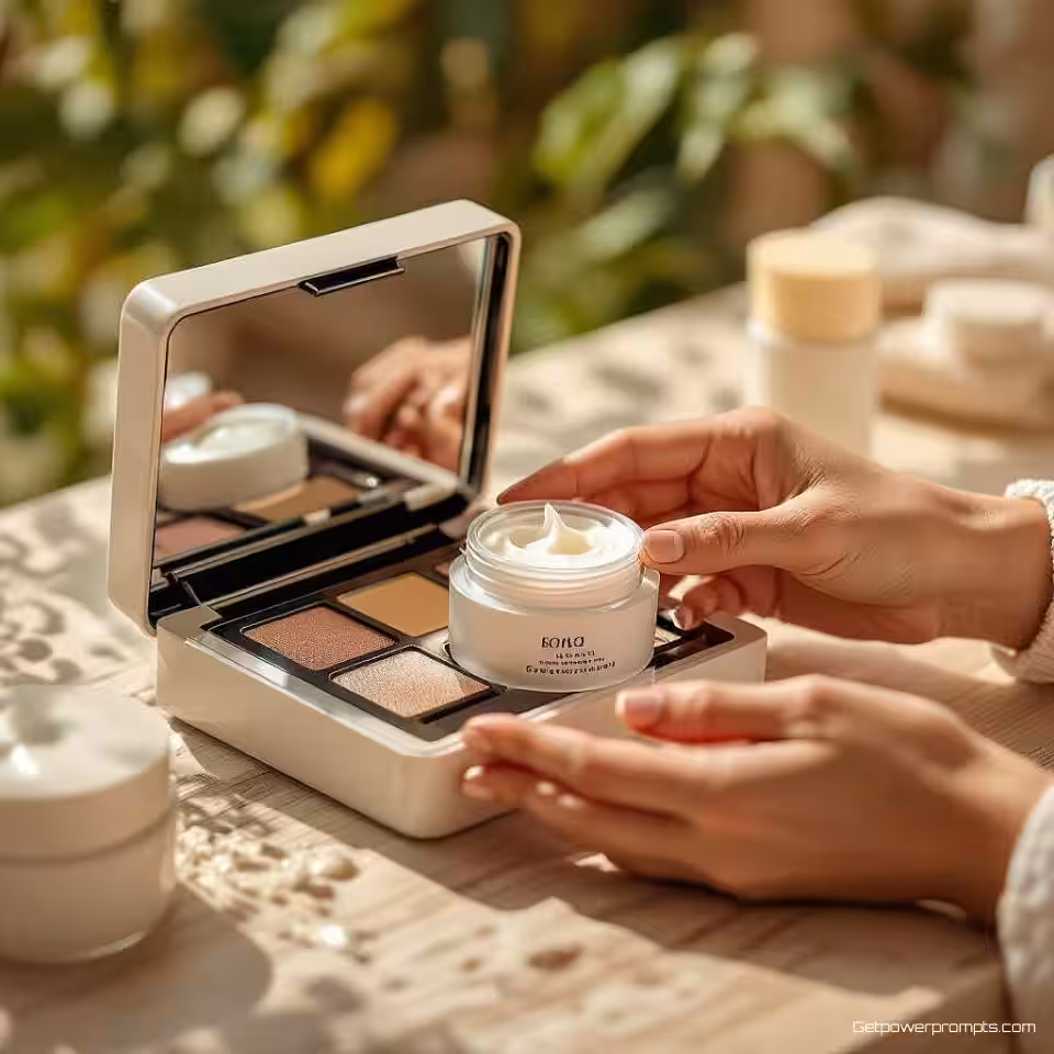 Skincare set, uitpakfotografie, lifestyle achtergrond, natuurlijk verlichting, close-up perspectief, handen die met product interageren, authentieke consumentenervaring, onscherpe diepte, natuurlijk lifestyle moment, commerciële e-commerce presentatie