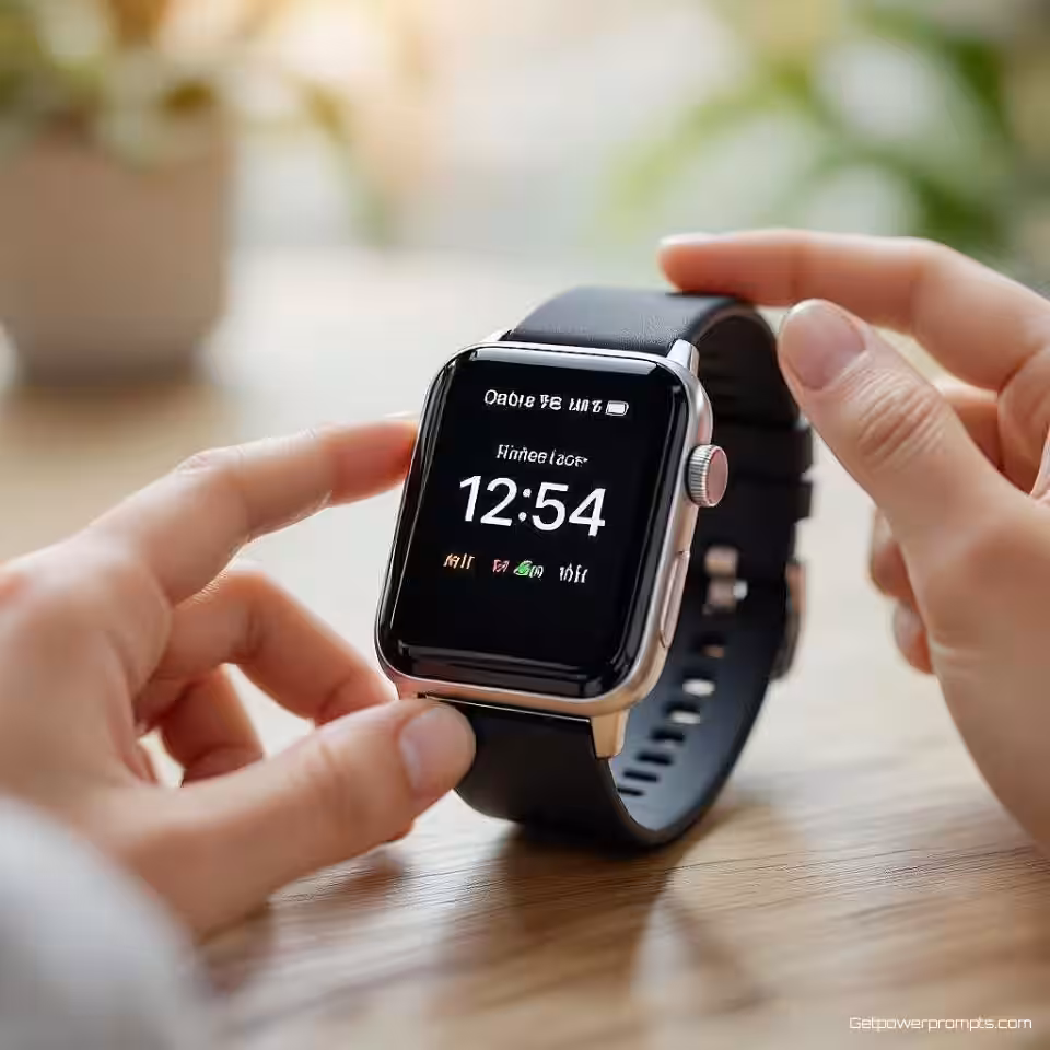 Smartwatch, uitpakfotografie, lifestyle achtergrond, natuurlijk verlichting, close-up perspectief, handen die met product interageren, authentieke consumentenervaring, onscherpe diepte, natuurlijk lifestyle moment, commerciële e-commerce presentatie