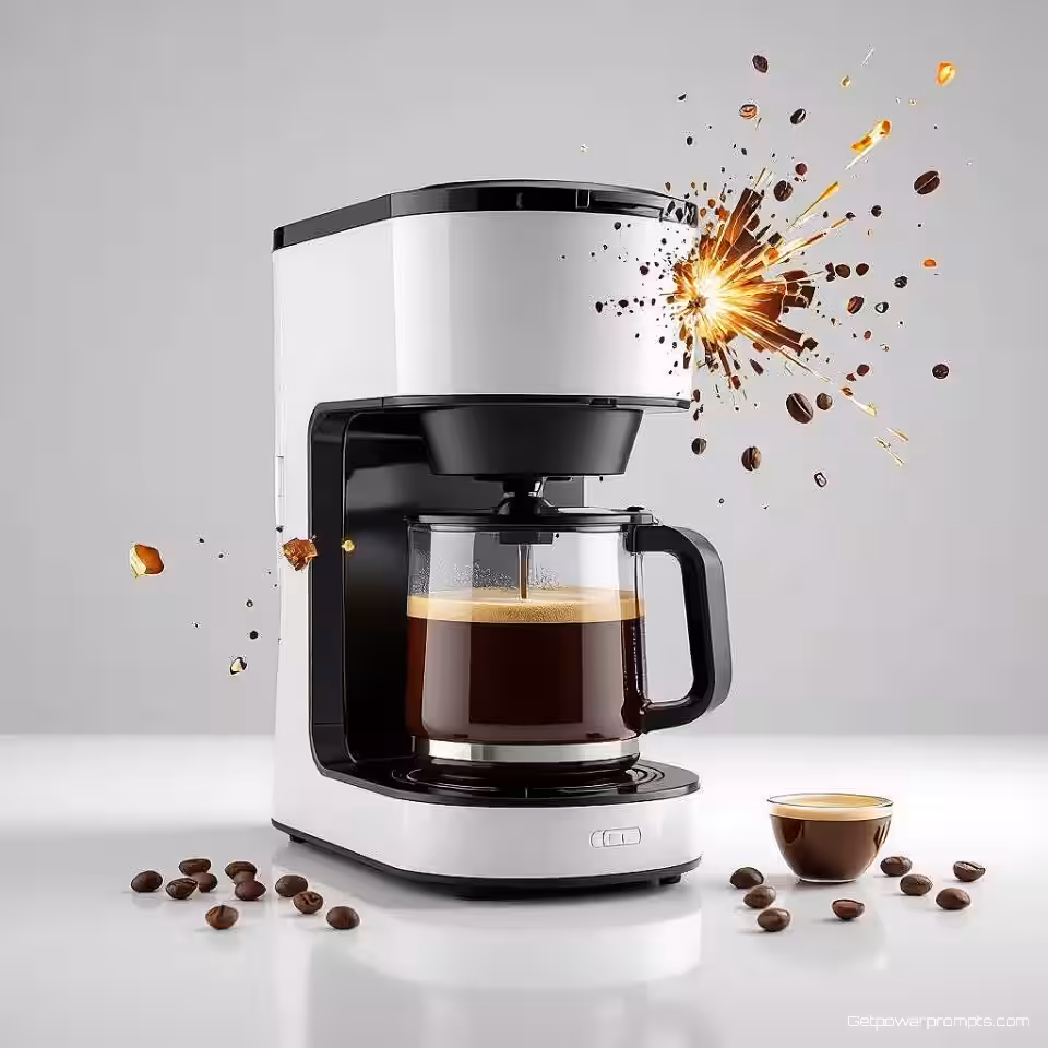 Koffiezetapparaat, explosieweergave fotografie, witte studio achtergrond achtergrond, studio verlichting verlichting, dynamisch perspectief perspectief, componentenscheiding showcase, technische productvisualisatie, professionele e-commerce presentatie, scherpe focus, individuele onderdelen rangschikking, educatieve productuitbraak, commerciële esthetiek