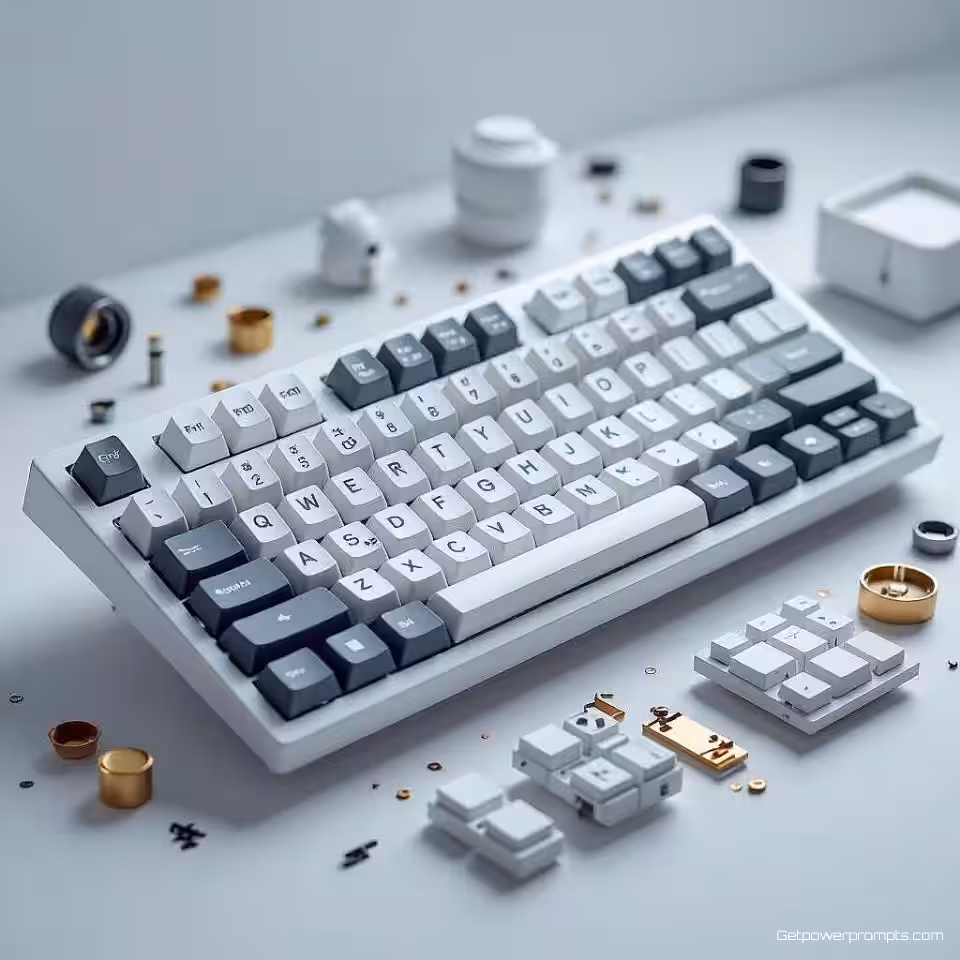 Mechanisch toetsenbord, explosieweergave fotografie, witte studio achtergrond achtergrond, studio verlichting verlichting, dynamisch perspectief perspectief, componentenscheiding showcase, technische productvisualisatie, professionele e-commerce presentatie, scherpe focus, individuele onderdelen rangschikking, educatieve productuitbraak, commerciële esthetiek