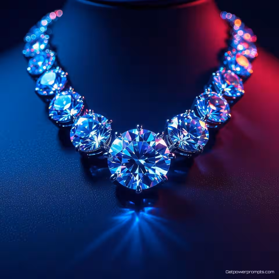 Diamanten halsketting, gloeifotografie, donker verloop achtergrond, randverlichting verlichting, close-up perspectief, warm wit, etherische productgloed, professionele e-commerce presentatie, lichtgevende randen, atmosferische verlichtingseffecten, commerciële esthetiek, stralende productshowcase, zachte lichtemissie