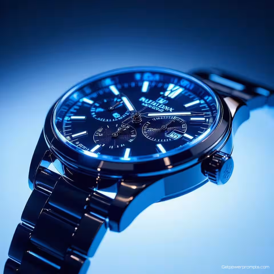 Luxe polshorloge, gloeifotografie, donker verloop achtergrond, randverlichting verlichting, close-up perspectief, warm wit, etherische productgloed, professionele e-commerce presentatie, lichtgevende randen, atmosferische verlichtingseffecten, commerciële esthetiek, stralende productshowcase, zachte lichtemissie