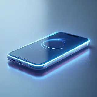 Premium smartphone, gloeifotografie, donker verloop achtergrond, randverlichting verlichting, close-up perspectief, warm wit, etherische productgloed, professionele e-commerce presentatie, lichtgevende randen, atmosferische verlichtingseffecten, commerciële esthetiek, stralende productshowcase, zachte lichtemissie