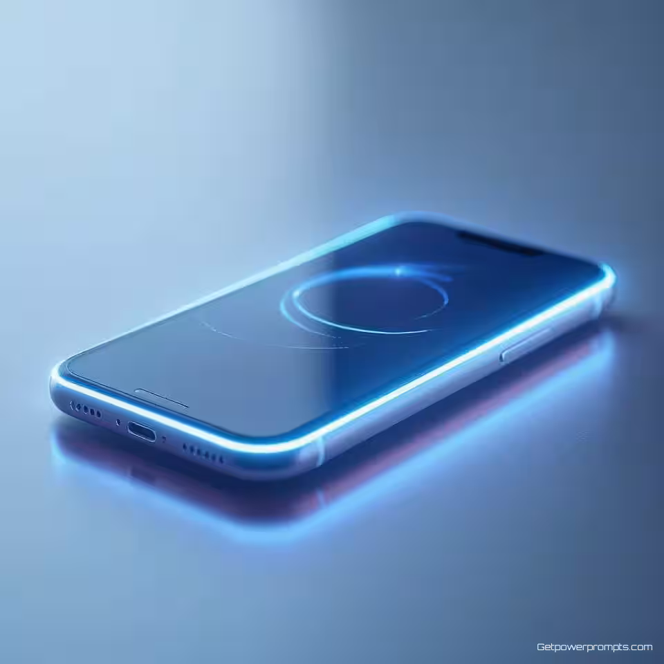 Premium smartphone, gloeifotografie, donker verloop achtergrond, randverlichting verlichting, close-up perspectief, warm wit, etherische productgloed, professionele e-commerce presentatie, lichtgevende randen, atmosferische verlichtingseffecten, commerciële esthetiek, stralende productshowcase, zachte lichtemissie