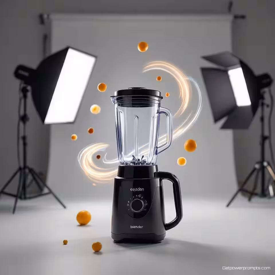 Blender, bewegingsfotografie, studiobelichting belichting, schone studio achtergrond, close-up perspectief, dynamische beweging vastleggen, professionele e-commerce presentatie, bewegingsonscherpte effect, actiesequentie, productfunctionaliteit showcase, scherpe focus op product, commerciële esthetiek