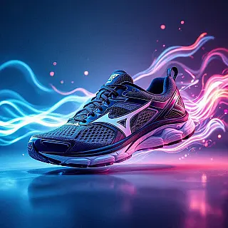 Hardloopschoenen, bewegingsfotografie, studiobelichting belichting, schone studio achtergrond, close-up perspectief, dynamische beweging vastleggen, professionele e-commerce presentatie, bewegingsonscherpte effect, actiesequentie, productfunctionaliteit showcase, scherpe focus op product, commerciële esthetiek