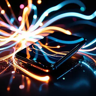 Smartphone, creatieve light painting fotografie, zwarte studio achtergrond, dramatisch verlichting, close-up perspectief, monochroom, professionele e-commerce presentatie, dynamische lichtsporen, lange belichtingseffect, scherpe productfocus, commerciële esthetiek, artistieke productpresentatie, verlichte productranden