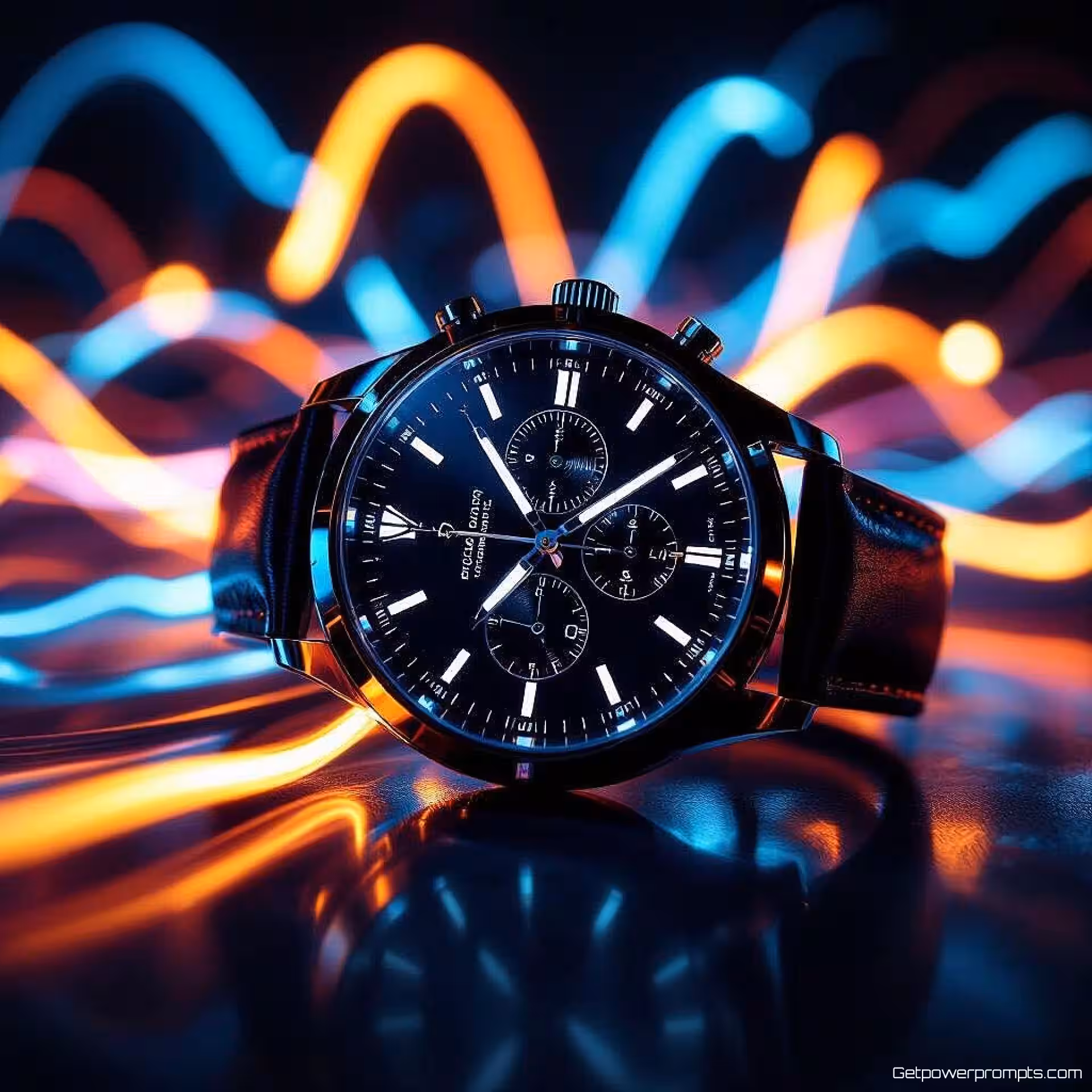Horloge, creatieve light painting fotografie, zwarte studio achtergrond, dramatisch verlichting, close-up perspectief, monochroom, professionele e-commerce presentatie, dynamische lichtsporen, lange belichtingseffect, scherpe productfocus, commerciële esthetiek, artistieke productpresentatie, verlichte productranden