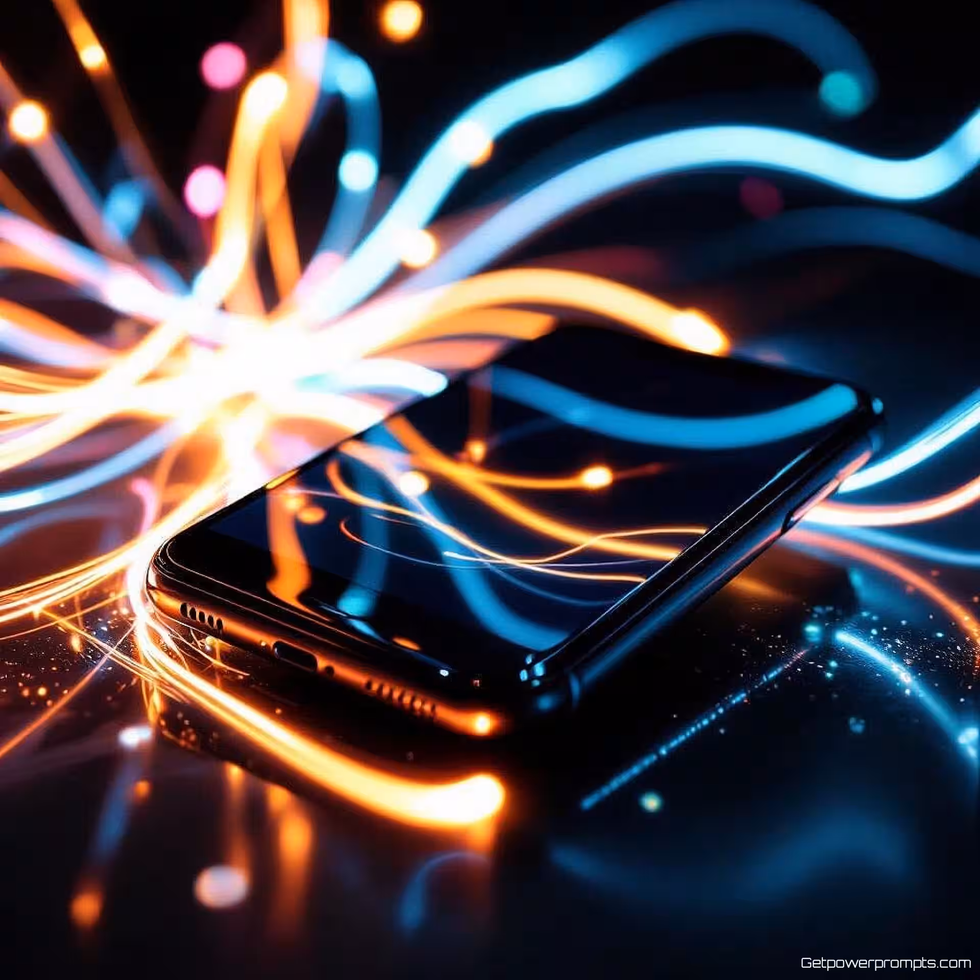 Smartphone, creatieve light painting fotografie, zwarte studio achtergrond, dramatisch verlichting, close-up perspectief, monochroom, professionele e-commerce presentatie, dynamische lichtsporen, lange belichtingseffect, scherpe productfocus, commerciële esthetiek, artistieke productpresentatie, verlichte productranden