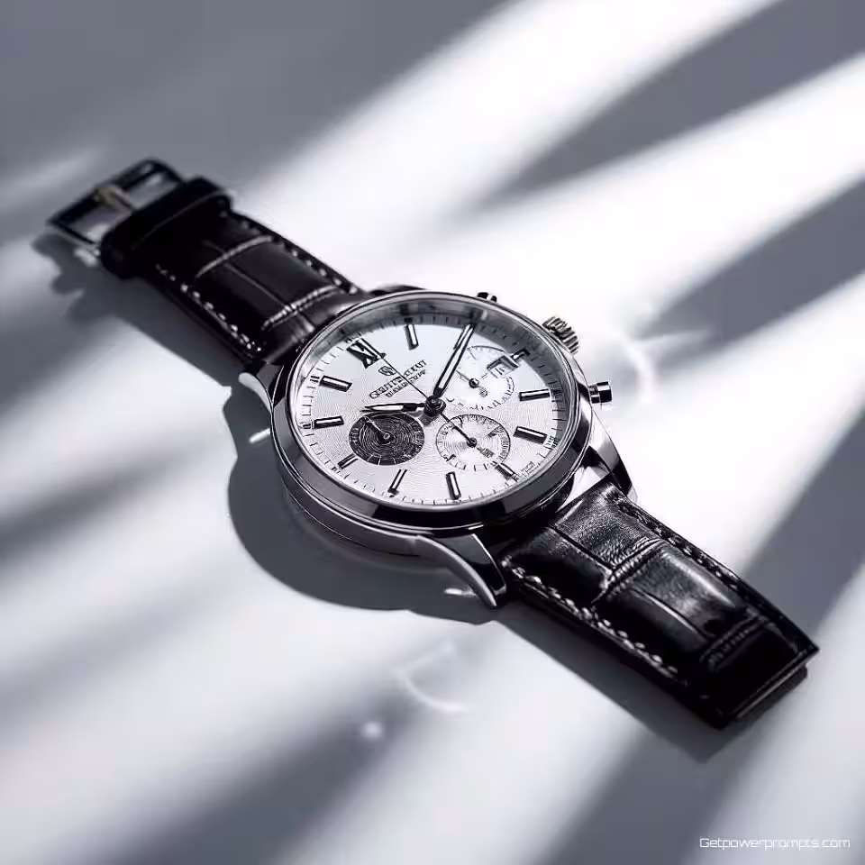 Luxe polshorloge, creatieve schaduwfotografie, schone witte studio achtergrond achtergrond, dramatische zijverlichting verlichting, close-up compositie perspectief, scherpe gedefinieerde schaduwen schaduweffect, professionele e-commerce presentatie, scherpe focus, artistieke schaduwcompositie, commerciële esthetiek, dramatische visuele verhaalvertelling, verbeterde productdimensie