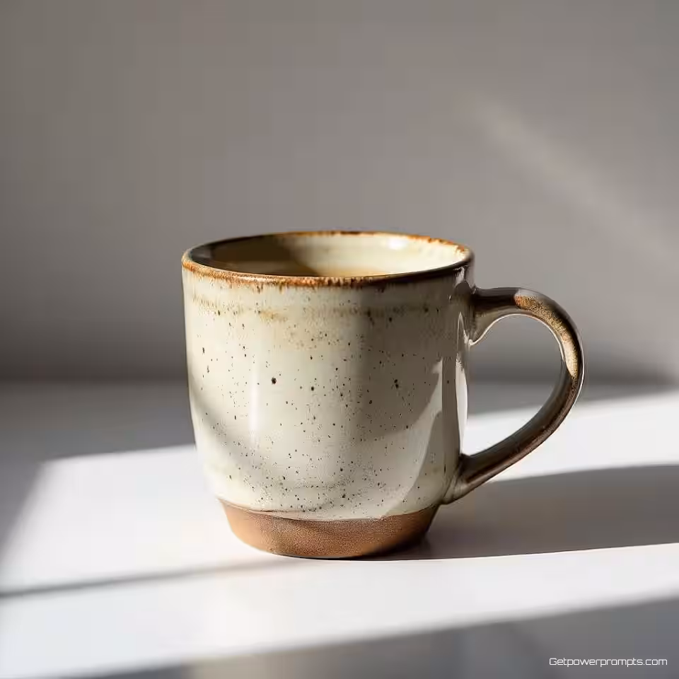 Ambachtelijke keramische koffiemok, creatieve schaduwfotografie, schone witte studio achtergrond achtergrond, dramatische zijverlichting verlichting, close-up compositie perspectief, scherpe gedefinieerde schaduwen schaduweffect, professionele e-commerce presentatie, scherpe focus, artistieke schaduwcompositie, commerciële esthetiek, dramatische visuele verhaalvertelling, verbeterde productdimensie