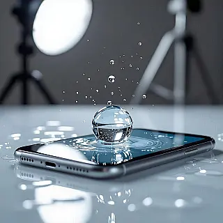 Smartphone, waterdruppelfotografie, witte studio achtergrond, studioverlichting verlichting, close-up perspectief, glas oppervlak, professionele e-commerce presentatie, scherpe focus, waterdruppeleffecten, commerciële esthetiek, vloeistofinteractie, verbeterde visuele aantrekkingskracht, dynamische productpresentatie