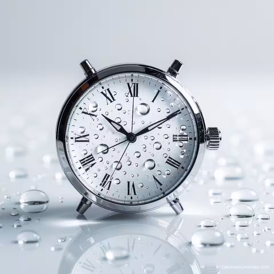 Horloge, waterdruppelfotografie, witte studio achtergrond, studioverlichting verlichting, close-up perspectief, glas oppervlak, professionele e-commerce presentatie, scherpe focus, waterdruppeleffecten, commerciële esthetiek, vloeistofinteractie, verbeterde visuele aantrekkingskracht, dynamische productpresentatie