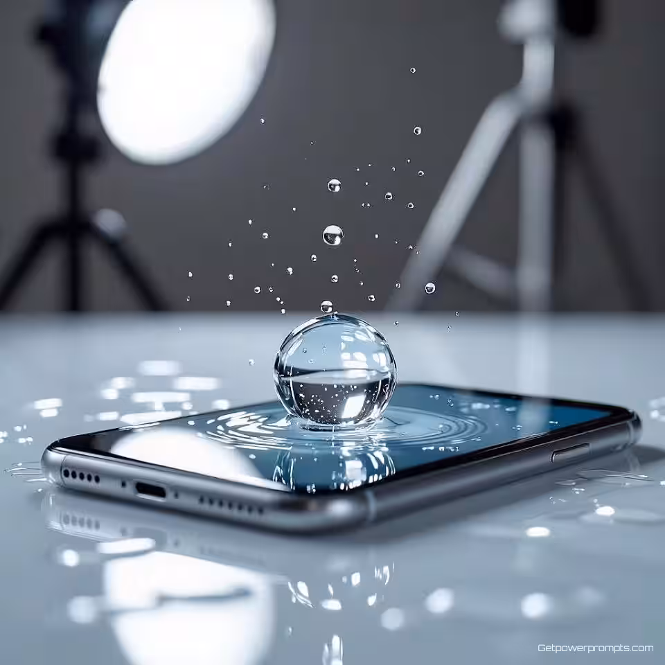 Smartphone, waterdruppelfotografie, witte studio achtergrond, studioverlichting verlichting, close-up perspectief, glas oppervlak, professionele e-commerce presentatie, scherpe focus, waterdruppeleffecten, commerciële esthetiek, vloeistofinteractie, verbeterde visuele aantrekkingskracht, dynamische productpresentatie