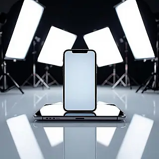 Smartphone, reflectiefotografie, schone witte achtergrond, studioverlichting verlichting, symmetrisch perspectief, glazen oppervlak reflectieoppervlak, spiegelachtig reflectie-effect, professionele e-commerce presentatie, scherpe focus, symmetrische compositie, commerciële esthetiek, verbeterde visuele aantrekkingskracht