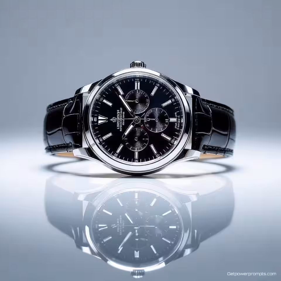 Luxe horloge, reflectiefotografie, schone witte achtergrond, studioverlichting verlichting, symmetrisch perspectief, glazen oppervlak reflectieoppervlak, spiegelachtig reflectie-effect, professionele e-commerce presentatie, scherpe focus, symmetrische compositie, commerciële esthetiek, verbeterde visuele aantrekkingskracht