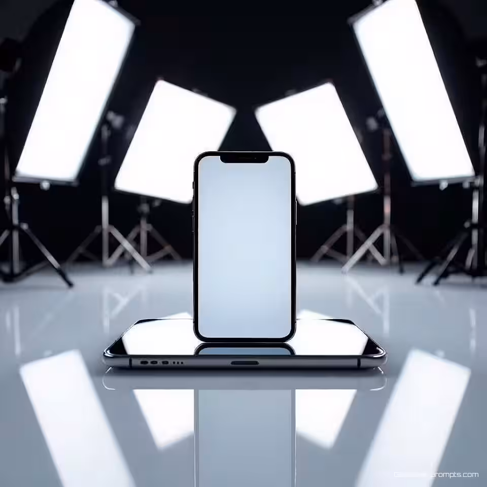 Smartphone, reflectiefotografie, schone witte achtergrond, studioverlichting verlichting, symmetrisch perspectief, glazen oppervlak reflectieoppervlak, spiegelachtig reflectie-effect, professionele e-commerce presentatie, scherpe focus, symmetrische compositie, commerciële esthetiek, verbeterde visuele aantrekkingskracht