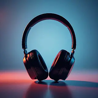 Draadloze hoofdtelefoon, silhouetfotografie, kleurverloop achtergrond, sterk tegenlicht belichting, close-up compositie perspectief, monochroom kleurenschema, dramatisch omtrekeffect, professionele e-commerce presentatie, scherpe productranden, artistieke productpresentatie, commerciële esthetiek, hoog contrast belichting, herkenbare productvorm