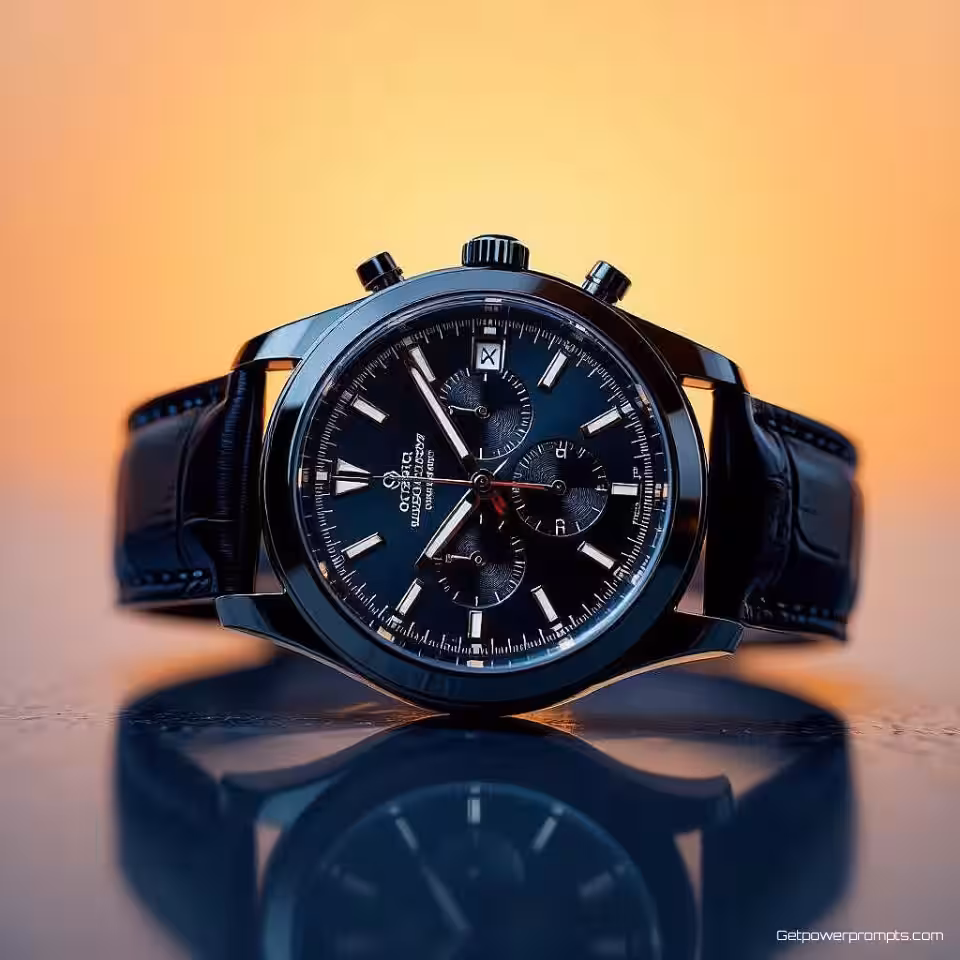 Luxe polshorloge, silhouetfotografie, kleurverloop achtergrond, sterk tegenlicht belichting, close-up compositie perspectief, monochroom kleurenschema, dramatisch omtrekeffect, professionele e-commerce presentatie, scherpe productranden, artistieke productpresentatie, commerciële esthetiek, hoog contrast belichting, herkenbare productvorm