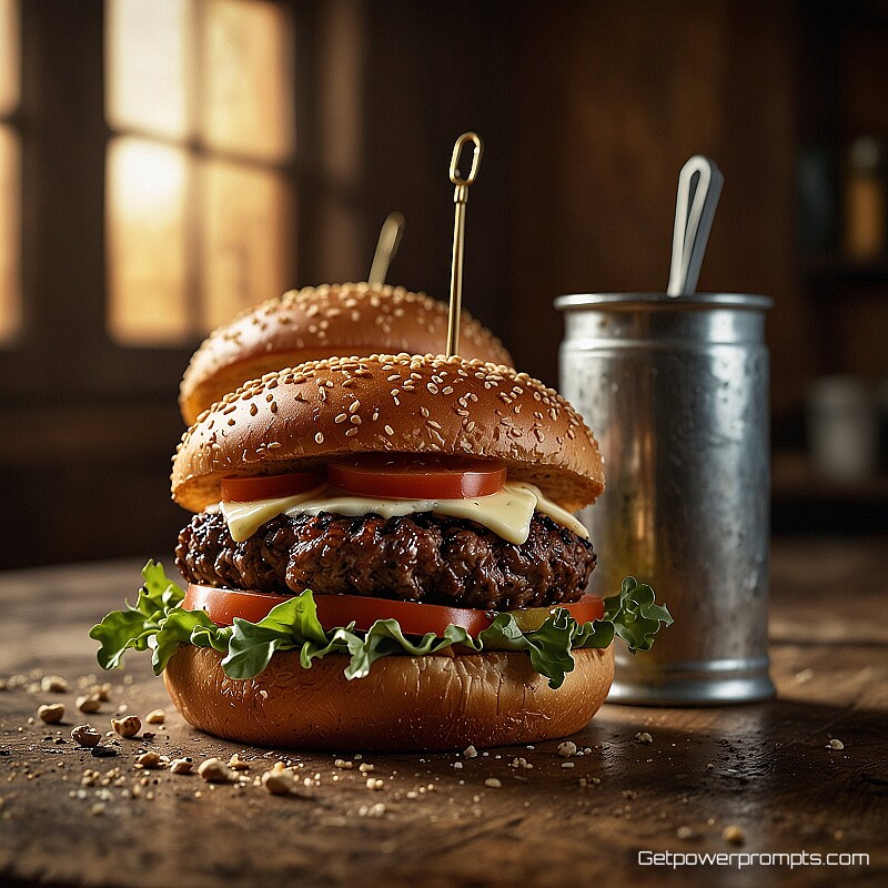 gourmet burger with fresh ingredients, magazine food photography, lifestyle photography, eye-level perspective, golden hour lighting lighting, editorial food styling, rustic atmosphere, professional magazine aesthetic, warm tones, shallow depth of field, appetizing presentation