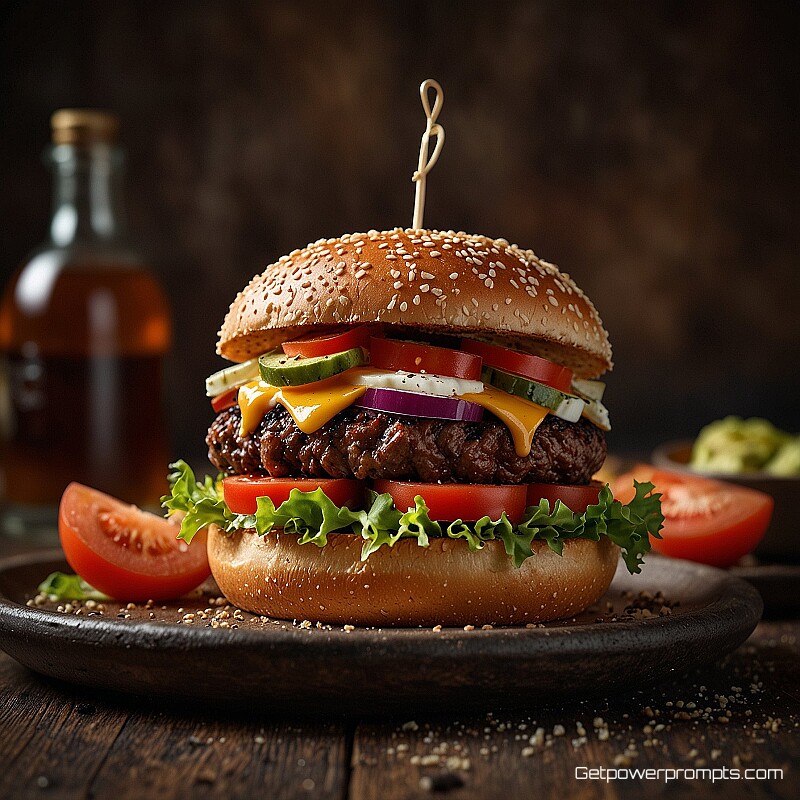 gourmet burger with fresh ingredients, magazine food photography, photorealistic, close-up perspective, natural lighting lighting, editorial food styling, appetizing atmosphere, professional magazine aesthetic, vibrant colors, shallow depth of field, appetizing presentation