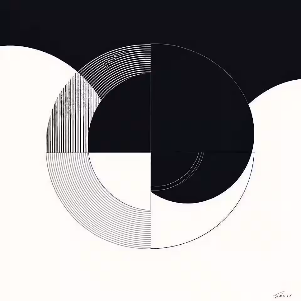 Abstracte cirkels, minimalistisch posterontwerp, monochroom kleurenschema, gecentreerd perspectief, rustig atmosfeer, minimalistische geometrische patronen, abstracte vormen, schone lijnen, moderne kunst esthetiek, negatieve ruimte, symmetrische compositie