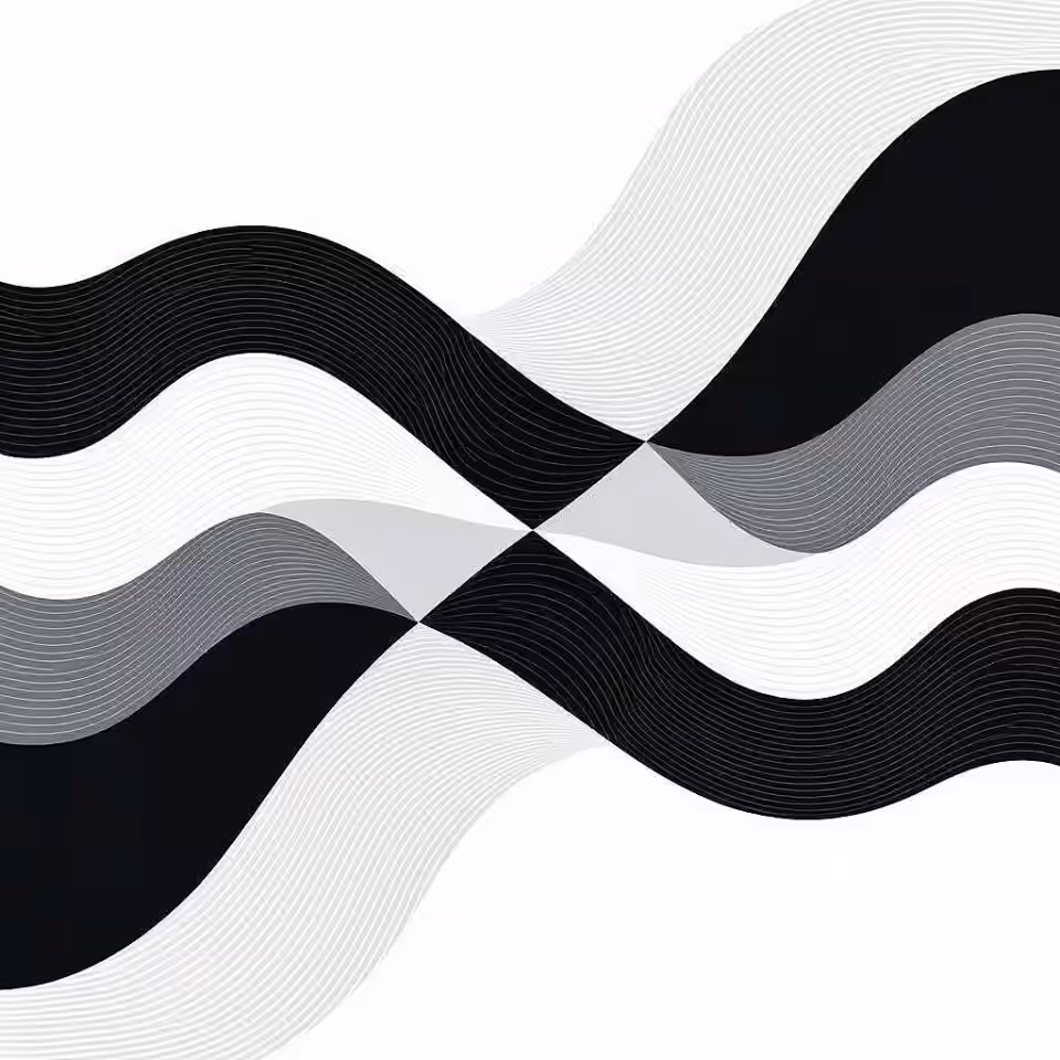 Geometrische golven, minimalistisch posterontwerp, monochroom kleurenschema, gecentreerd perspectief, rustig atmosfeer, minimalistische geometrische patronen, abstracte vormen, schone lijnen, moderne kunst esthetiek, negatieve ruimte, symmetrische compositie